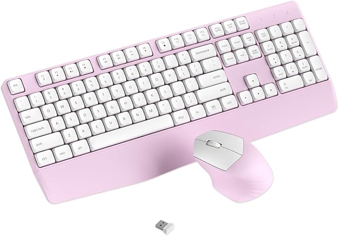 Wireless Keyboard and Mouse Combo, Ergonomic Keyboard with Wrist Rest, 2.4Ghz Wireless Connection, Compatible with PC/Laptop/Windows/Mac for Home and Office Use (White Pink)