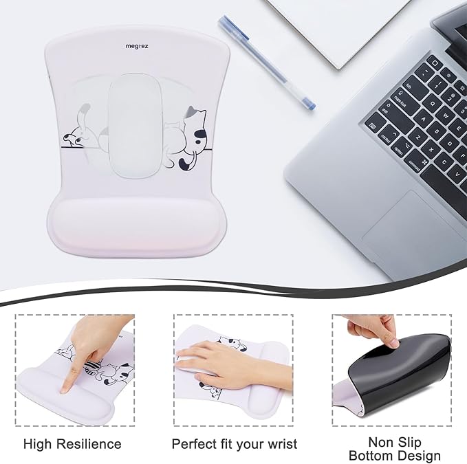 MEGREZ 4-in-1 Ergonomic Memory Foam Wrist Rest Set, Desk Pad, Mouse Pad with Wrist Rest, Keyboard Pad, Suitable for Office Workers, Programmers & Gamers–Relieve Typing & Gaming Fatigue, Beige