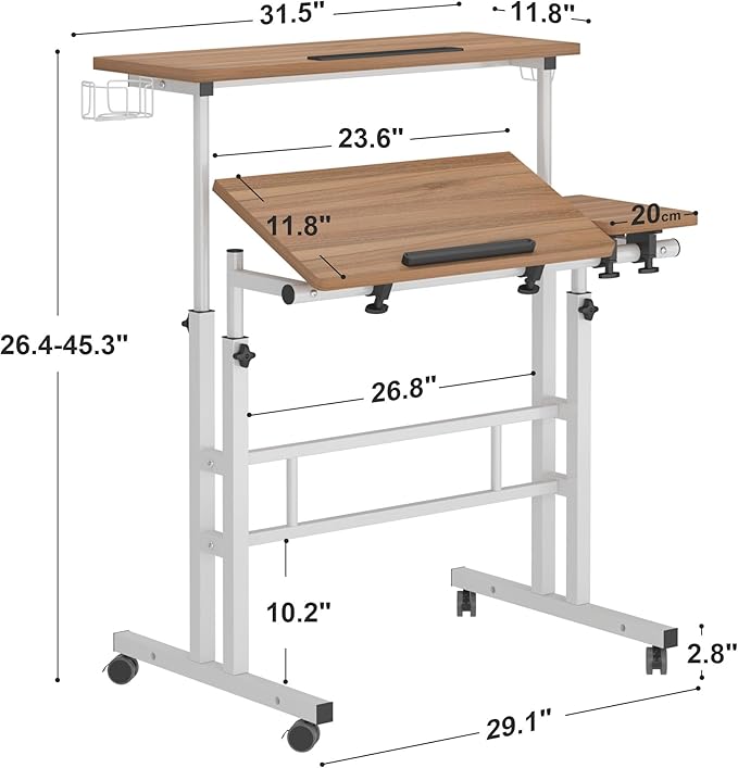 SogesPower 2 Platforms Mobile Laptop Desk Adjustable Side Table Computer Stand for Bed Sofa,Mobile Standing Desk with Cup Holder and Hooks,Oak