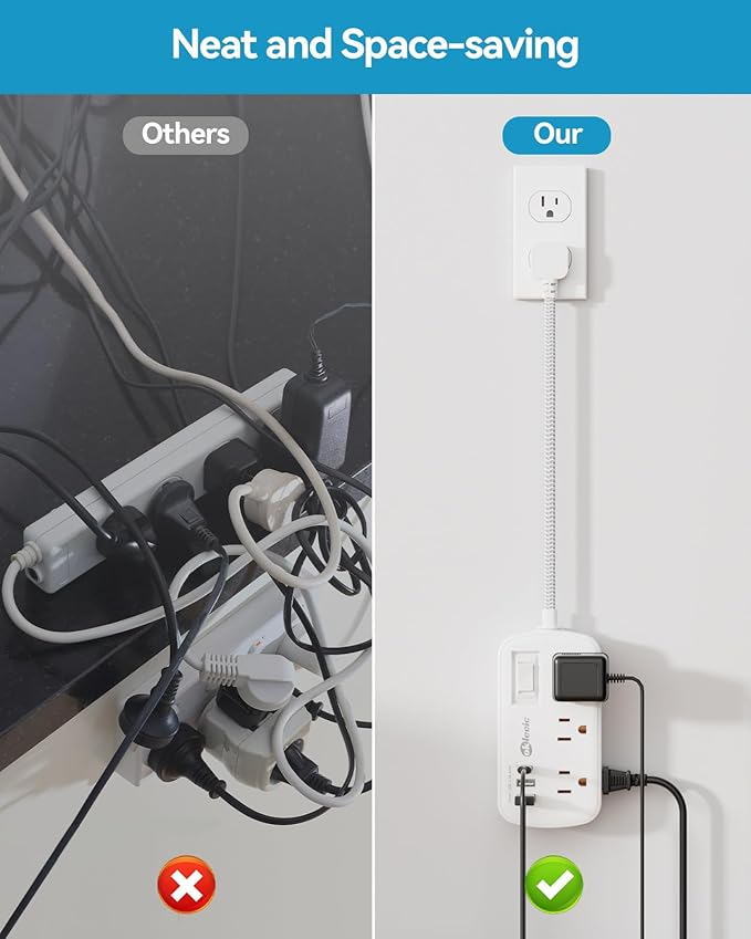 Short Extension Cord 2 Foot - Flat Plug Small Power Strip Surge Protetor with 6 Outlets 3 USB (5V/3.4A 17W) Charging Ports, Multi Plug Wall Outlet Splitter for Home Office Dorm Roomc, White