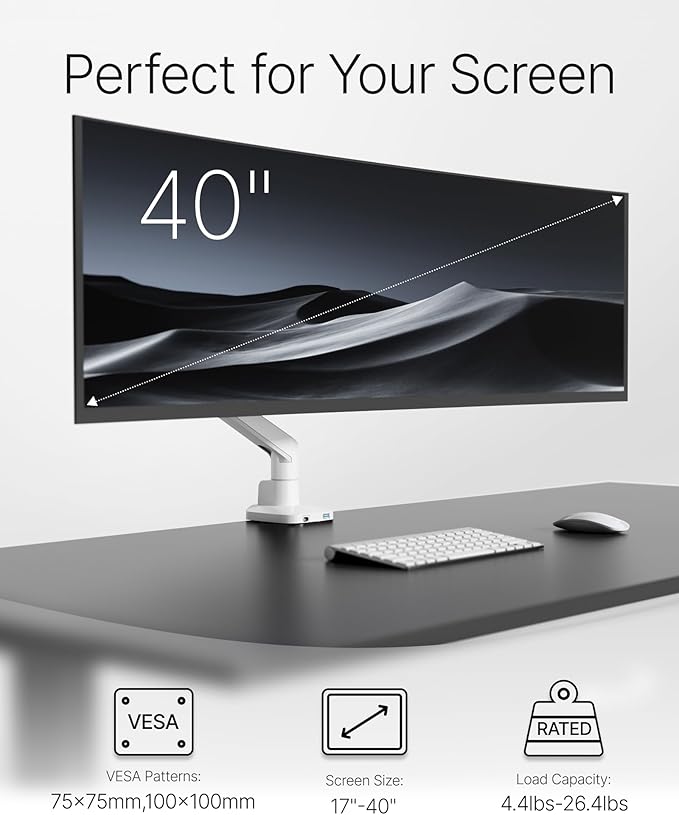 monTEK Deluxe Aluminum Monitor Arm with USB A/C for 17 to 40 Inch Curved Screens Fully Adjustable Single Monitor Arm with Clamp/Grommet, Quick Release Plate, Cable Management, VESA 75/100