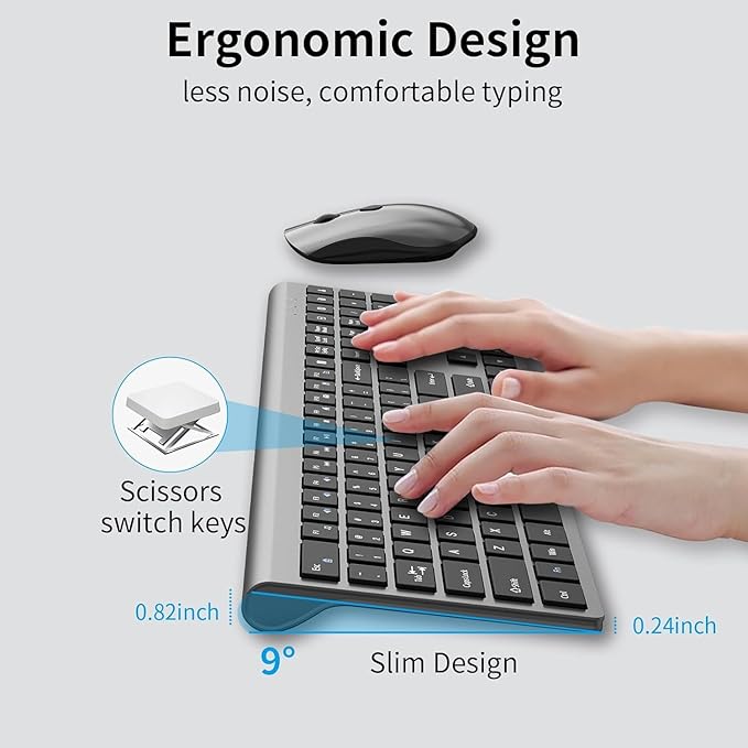 Wireless Mouse and Keyboard Combo, Silent Full-Size Computer Keyboard with Calculator Button, 2400 DPI Mouse, Quiet Click, Slim Cordless USB Set for Laptop PC Windows Mac - Space Grey（2 Pack）