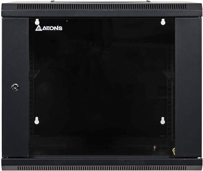 AEONS 9U Professional Wall Mount Server Cabinet Enclosure Double Section Hinged Swing Out 19-Inch Server Network Rack with Locking Glass Door Black (Fully Assembled)