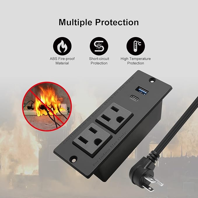 USB C Recessed Power Strip Fast Charge Desktop Power Station 2 Outlets 2 USB (PD20W & QC18W, Total 20W) Mountable Flat Plug Extension Cord Mount for Tabletop Sofa Cabinet Nightstand (USB C Black)