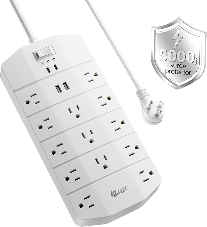 Power Strip,SUPERDANNY 5000 Joules Surge Protector with 13 AC Outlets 2 USB-A & 2 USB-C PD 20W Fast Charging Heavy Duty 14AWG/3C Industrial Grade 10ft Extension Cord for Workbench Home Office White