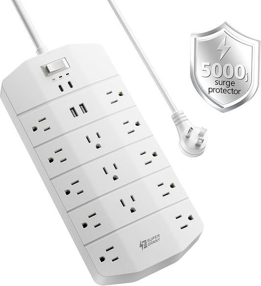 Power Strip,SUPERDANNY 5000 Joules Surge Protector with 13 AC Outlets 2 USB-A & 2 USB-C PD 20W Fast Charging Heavy Duty 14AWG/3C Industrial Grade 6ft Extension Cord for Workbench Home Office White