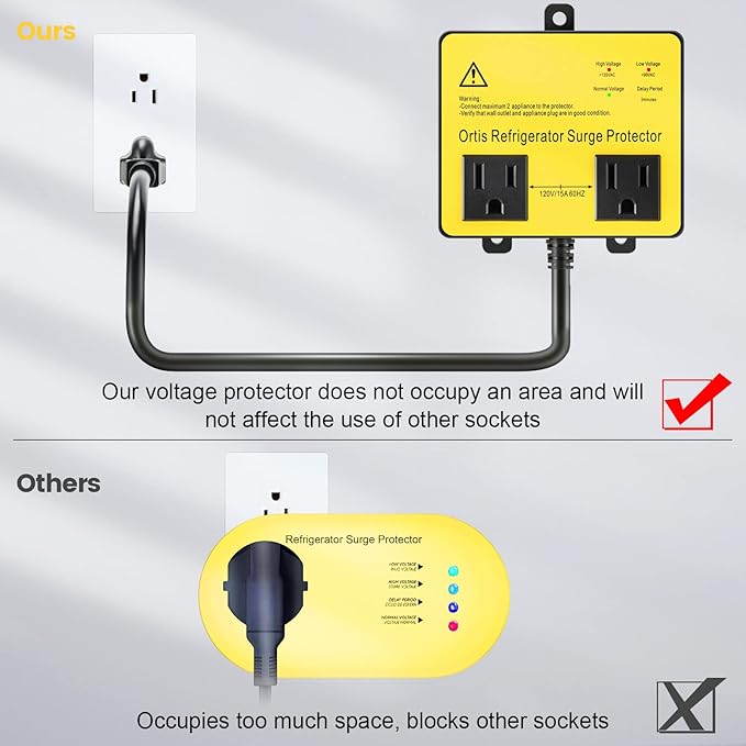 Refrigerator Surge Protector, Ortis Double Outlet Voltage Protector for Home Appliances with Time Delay, Protects Against Brownout, Spike, Instant Surge All Voltage Abnormalities, Yellow