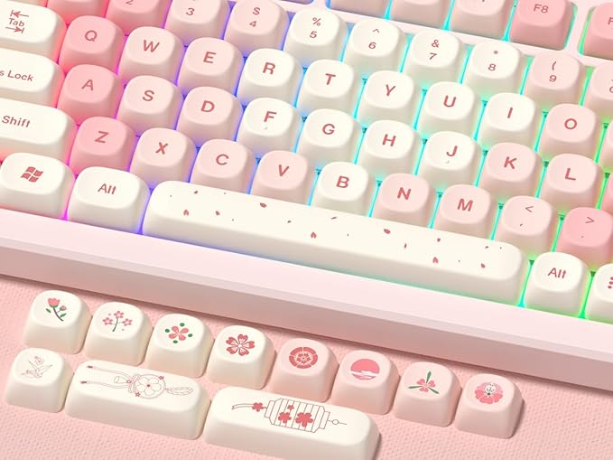 dagaladoo Cute PBT Keycaps Set,Pink Cherry Blossom,MOA Profile keycaps 60 75 100 Percent,Dye-Sub 133-key Custom Keyboard Keycap for TKL US Layout Mechanical Keyboard(only keycaps)