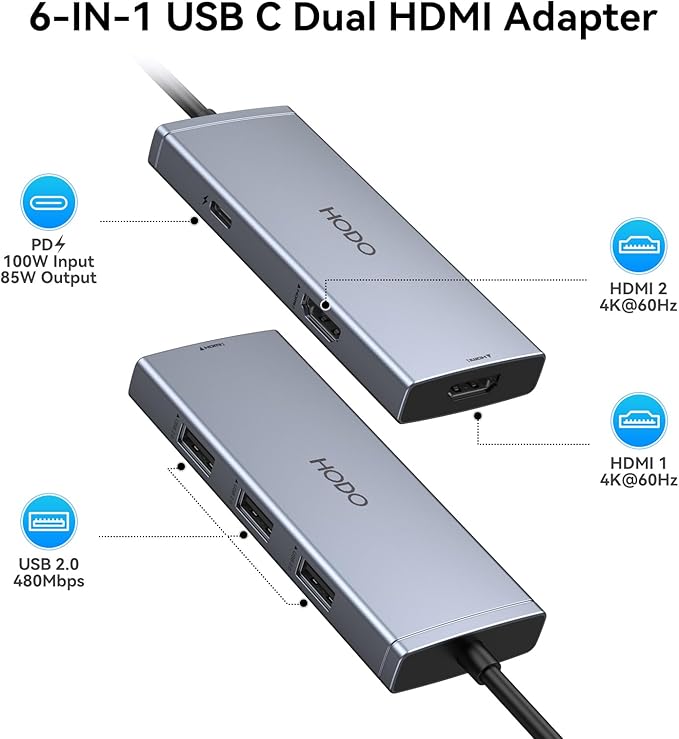 USB C Docking Station Dual HDMI Monitor 4K 60 Hz USB C to Dual HDMI Adapter with 2 hdmi Ports, USB-C Hub 2 Monitors with 3 USB Port PD Charging Compatible for Dell XPS HP Surface etc