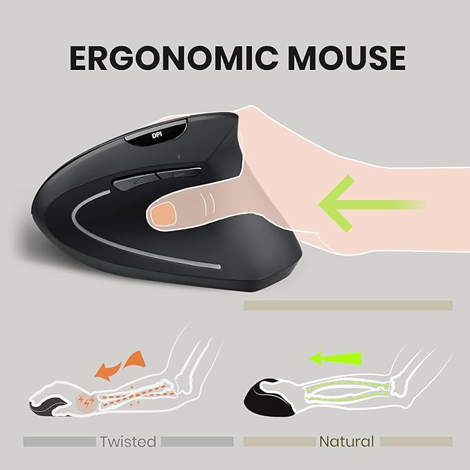 Perixx PERIMICE-713 Wireless Vertical Mouse - 6 Buttons Design - 3 Level DPI - Black - Right-Handed Design