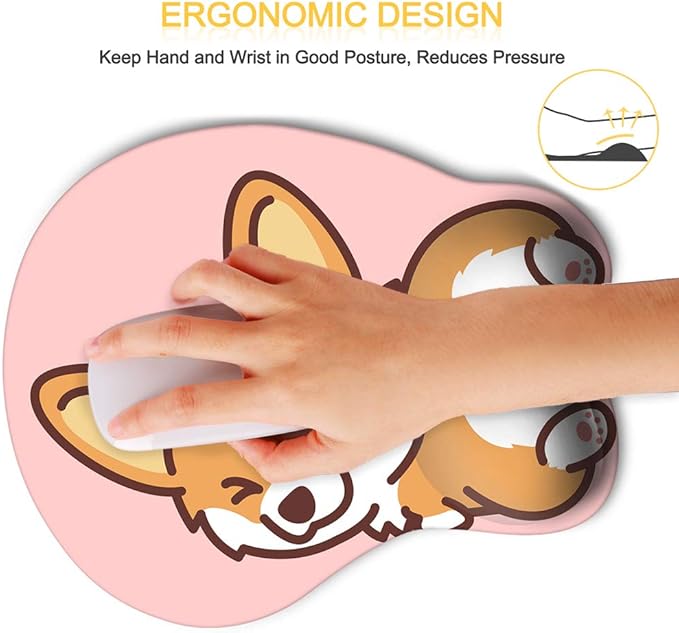 HAOCOO Ergonomic Pink Mouse Pad with Wrist Support,Non-Slip Backing Corgi Anime Cute Gel Mouse Pad Wrist Rest, Easy-Typing and Pain Relief for Gaming Office Computer Laptop(Pink Cute Corgi)