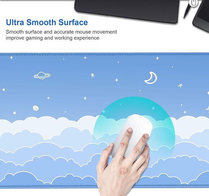 IMAYONDIA Cute Pastel Blue Desk Mat, Aesthetic Stars Moon Desk Pad, Kawaii Anime Deskmat, Gradient White Clouds Computer Pad, Minimalist Large Gaming Mouse Pad Mousepad, 31.5 X 11.8 Inch