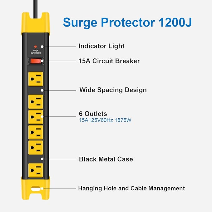 CCCEI Heavy Duty Power Strip Surge Protector - 6 Outlet Industrial Strip with 15A, 1200 Joules - ETL Listed Metal for Shop, Workshop, Garden (15FT, Black)