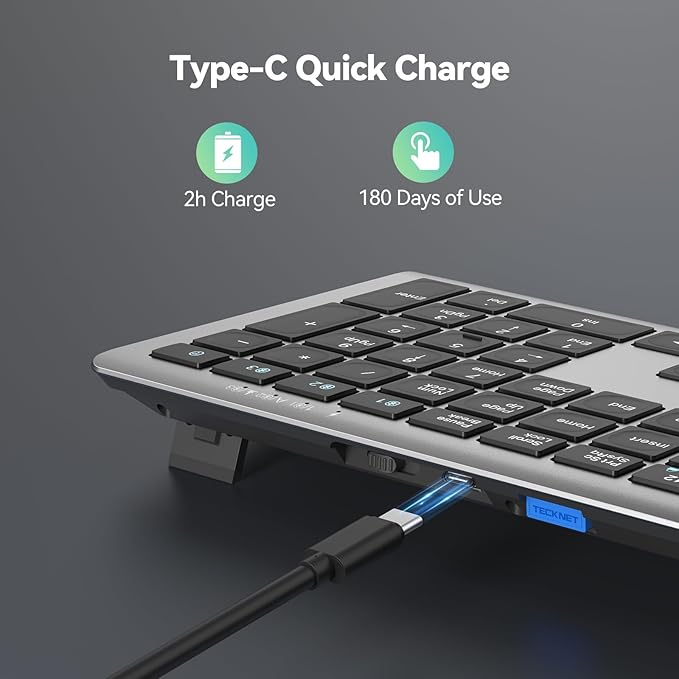 TECKNET Bluetooth Keyboard Rechargeable, 4-Device Free Switching (2.4G+BT), Ultra-Slim Full Size Wireless Keyboard, Quiet Typing, for PC/Laptop/Smart TV/Phone, Adjustable Stand, 12 Multimedia Keys