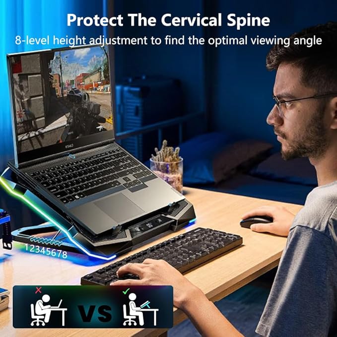 G-STORY Gaming Laptop Cooling Pad, Laptop Cooler with 10 Powerful Turbo Fans for 12-18 Inch Computer Notebook, 1 USB Port, 8 Height Adjustable Cooling Fan Stand