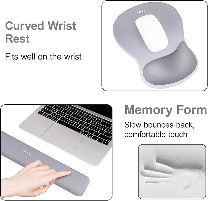 MOSISO Wrist Rest Support for Mouse Pad&Keyboard Set, Ergonomic Mousepad with Concave Curved Memory Foam, Non-Slip Base Pain Relief Comfortable Rectangular Easy Typing Pad for Home/Office, Gray