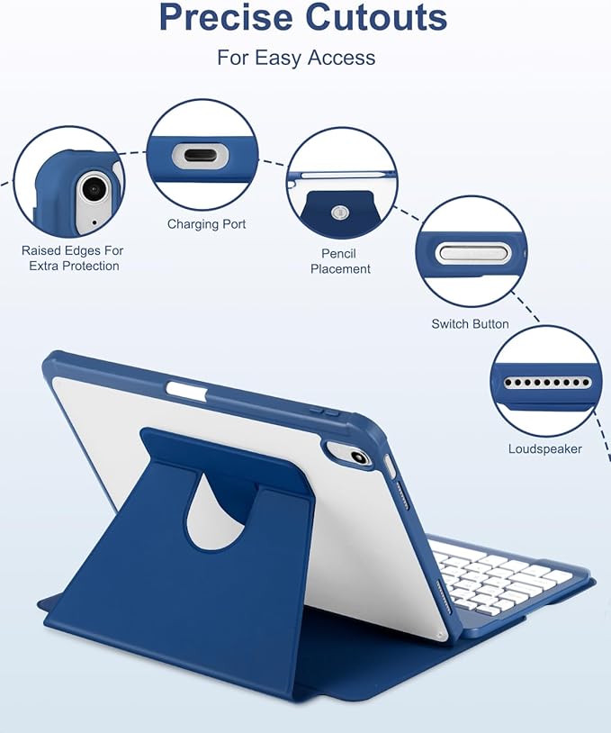 Case with Keyboard Mouse for iPad A16 11th 10th Generation 11/10.9 inch,Rainbow Backlit Detachable Keypad Rotatable Magnetic Cover with Pencil Holder for iPad 11 2025 10 Gen 2022 Navy Blue
