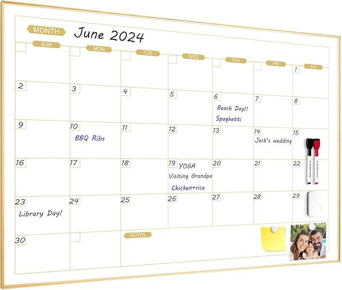 ARCOBIS Monthly Calendar Whiteboard, 36" x 24" Magnetic Dry Erase Calendar with Gold Frame, Wall Planner Board for Home, Office, School