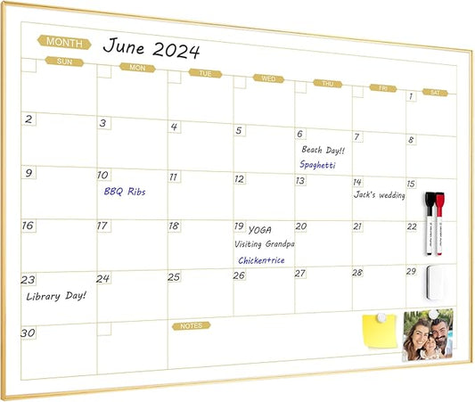 ARCOBIS Monthly Calendar Whiteboard, 36" x 24" Magnetic Dry Erase Calendar with Gold Frame, Wall Planner Board for Home, Office, School