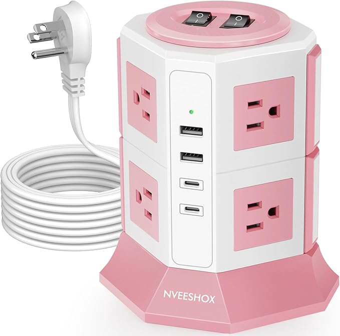NVEESHOX Surge Protector Power Strip Tower, 10 Feet Ultra Flat Extension Cord with 12 AC Outlets 5 USB Ports(2 Type C), Desktop Charging Station, Flat Plug Outlet Extender for Home Office Dorm