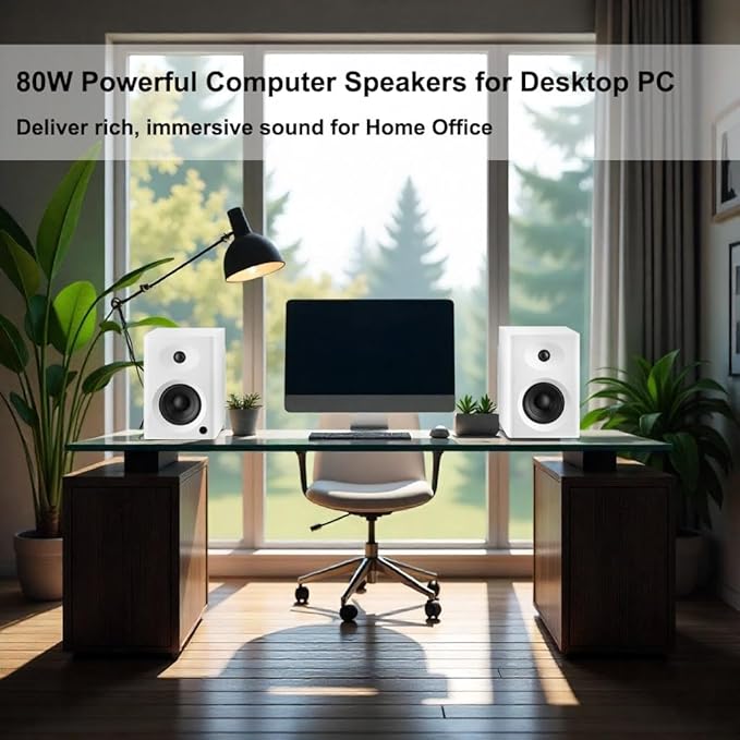 Desktop Speakers for PC, Bookshelf Speakers with Clear Highs & Punchy Bass - 4" Woofer, 80W Peak HiFi Audio for Monitor, Home Theater Sound System and Computer, White Pair