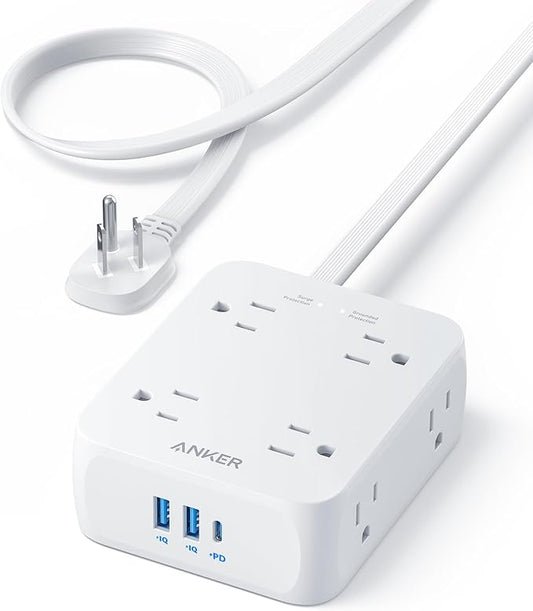 Anker Power Strip with 2000J Surge Protector, Flat Plug Extension Cord with Multiple Outlets, 8 AC, 2 USB A & 1 USB C Port for 20W, 10ft Outlet Extender, Dorm Room Essentials, Home Office, TUV Listed