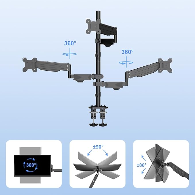 Pholiten Triple Monitor Stand, Mount for 3 Screens up to 32 inches & 22lbs Each, Full Motion Gas Spring Monitor Arm with Clamp Mounting, for Desktops, Computer Monitors