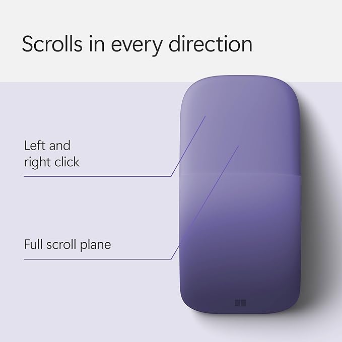 Microsoft Surface Arc Bluetooth Mouse, Ultra-Slim and Lightweight, Snaps Flat for Portability, Full Scroll Plane, Compatible with Windows 11, Battery Included – Violet