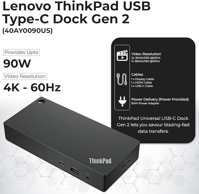 40AY0090US Lenovo Thinkpad Docking Station Dual Monitor - Supports 4K Display, Thinkpad Dock with 90W Adapter, HDMI, DisplayPort, USB C Cables & Cloth - Lenovo Docking Station
