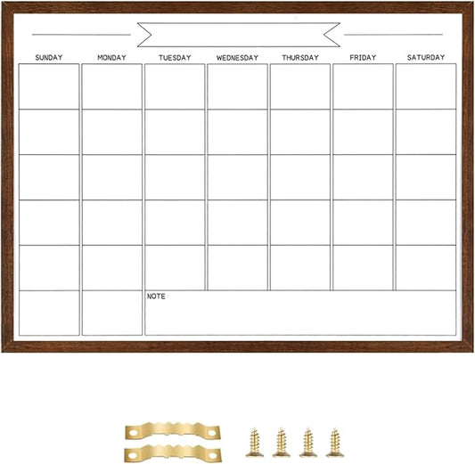 Dry Erase Monthly Calendar Whiteboard, Magnetic White Board for Wall, Solid Pine Wood Walnut Brown Frame Hanging Board for Office/School/Home，17.7"x 23.6"(YL-WB-4560-B)