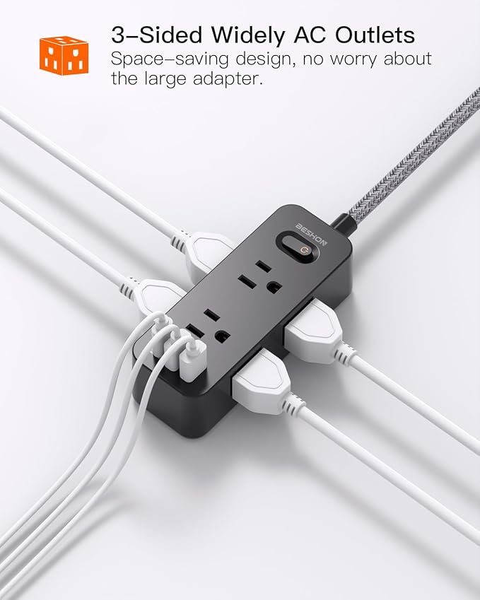 15Ft Black Extension Cord, BESHON Power Strip Surge Protector, 6 Outlets with 3 USB Ports(1 USB C Outlet), 3-Side Outlet Extender, Wall Mount, Compact for Home, College Dorm Room