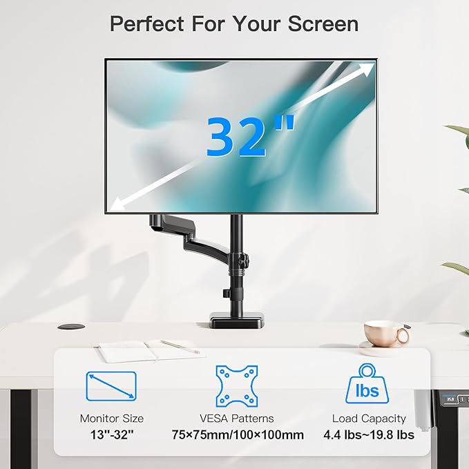 Long Arm Monitor Mount, 13 to 32 inch Computer Desk Mount, Extra Long Adjustable Stand, Hold up to 19.8lbs, Tall Arm with Tilt, Swivel, Rotation, VESA 75/100mm