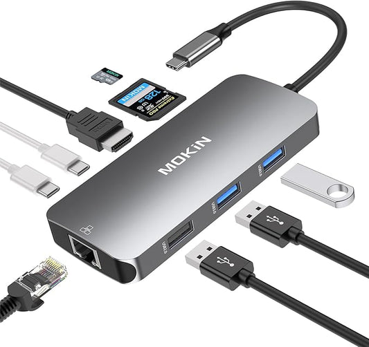 USB C Adapters for MacBook Pro/Air,Mac Dongle with 3 USB Port,USB C to HDMI, USB C to RJ45 Ethernet,MOKiN 9 in 1 USB C to HDMI Adapter,100W PD Charging, USB C to SD/TF Card Reader USB C Hub