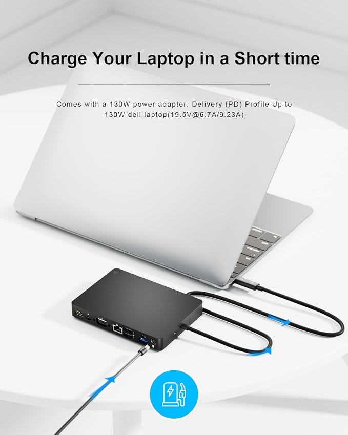 WD15 USB-C Docking Station - Dual 4K Displays or Single 4K Display with MiniDP, HDMI, VGA for Dell USB-C Laptops (1DP, 1HDMI, 1VGA, 3USB3.0, 2USB 2.0, 1Audio, 1Speaker Out)