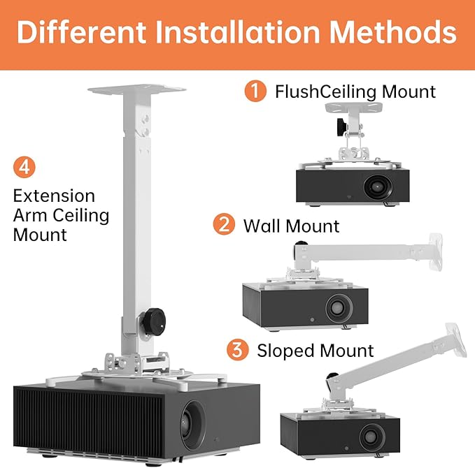 JOY worker Universal Projector Ceiling Mount Wall Bracket Holder Fits Flat or Sloped Ceiling Height Adjustable with Extendable Arms for Home and Office Projector, White