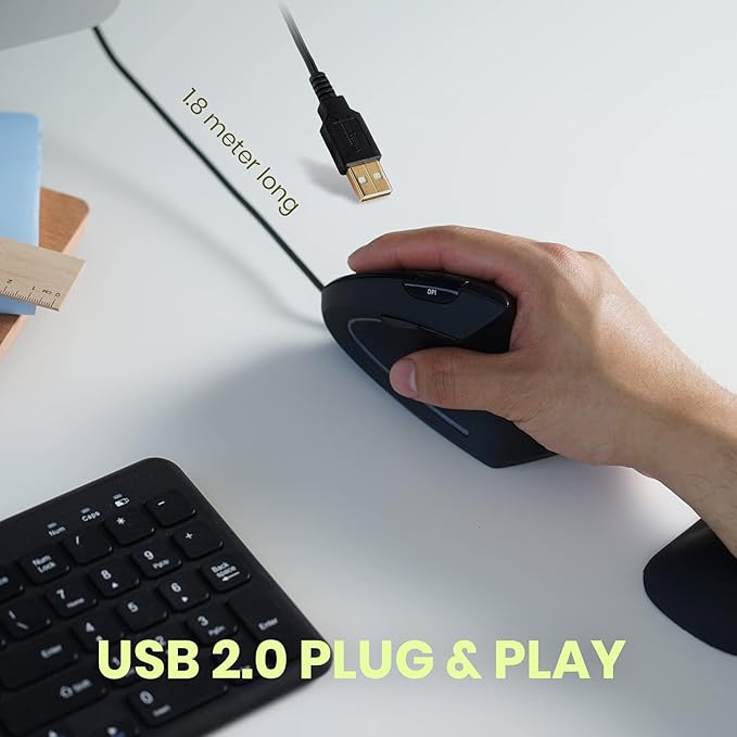 Perixx PERIMICE-513 Wired Ergonomic Vertical Mouse - 6 Buttons with 1000/1600/3200/6400 DPI - Right-Handed Design - Wired USB 5.9ft Cable - Black