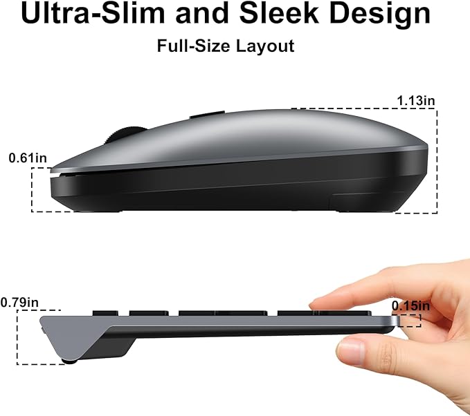 Wireless Keyboard and Mouse Combo - Ultra-Slim Design Full Size Quiet Keyboard with 3 DPI Adjustable Wireless Mouse,Sleep Mode,2.4G Cordless Thin Keyboard Mouse Set for Windows,Mac,Laptop
