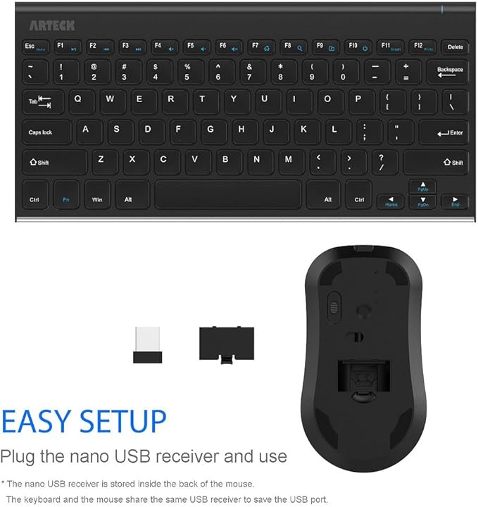 Arteck 2.4G Wireless Keyboard and Mouse Combo Ultra Compact Slim Stainless Full Size Keyboard and Ergonomic Mouse for Computer/Desktop/PC/Laptop and Windows 10/8/7 Build in Rechargeable Battery