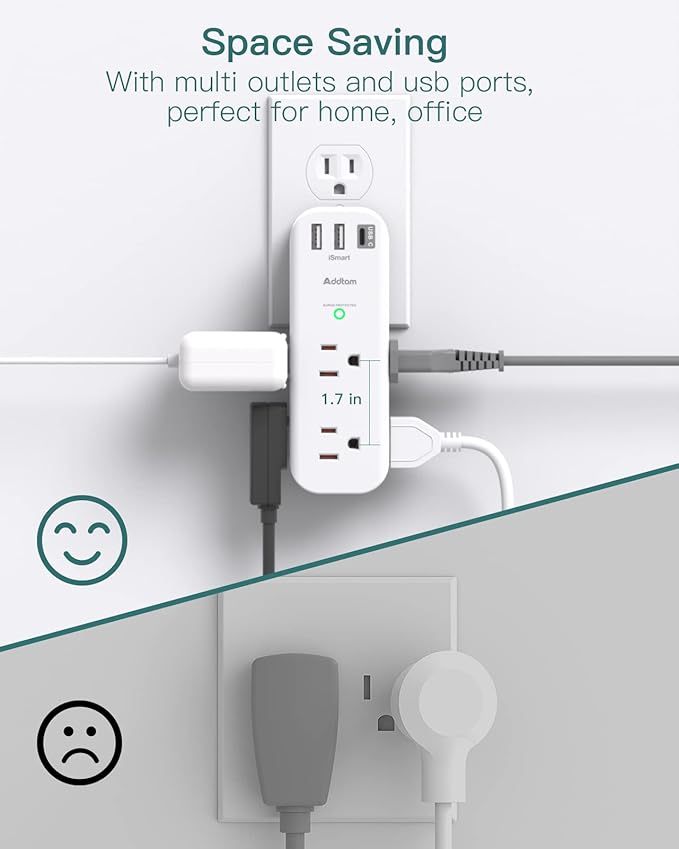 Surge Protector - Outlet Extender with Rotating and Multi Plug with 6 AC 3 USB Ports (1 USB C), 3-Sided Power Strip with Wall Adapter Charger for Home Travel Office, ETL Listed (1800J)