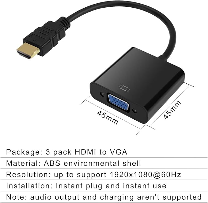 HDMI to VGA, Gold-Plated HDMI to VGA Adapter (Male to Female) for Computer, Desktop, Laptop, PC, Monitor, Projector, HDTV, Chromebook, Raspberry Pi, Roku, Xbox and More - Black, 3 Pack
