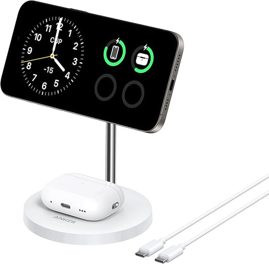 Anker MagSafe Compatible MagGo Charger Stand, iPhone 17 Wireless Charger, 2-in-1 Charging Station, Qi2 Certified 15W Fast Charging, for iPhone 17/16/15/14/13, AirPods Pro (White, with Cable)