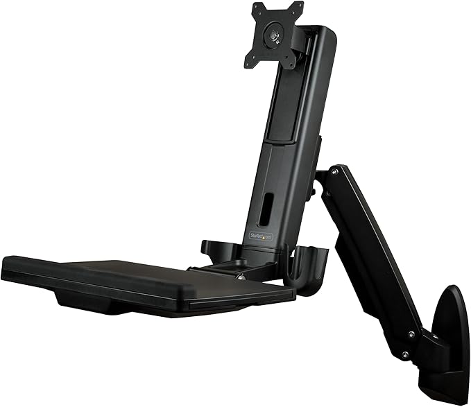 StarTech.com Wall Mount Workstation - Articulating Full Motion Standing Desk with Ergonomic Height Adjustable Monitor & Keyboard Tray Arm - Mouse & Scanner Holders - Single VESA Display, TAA
