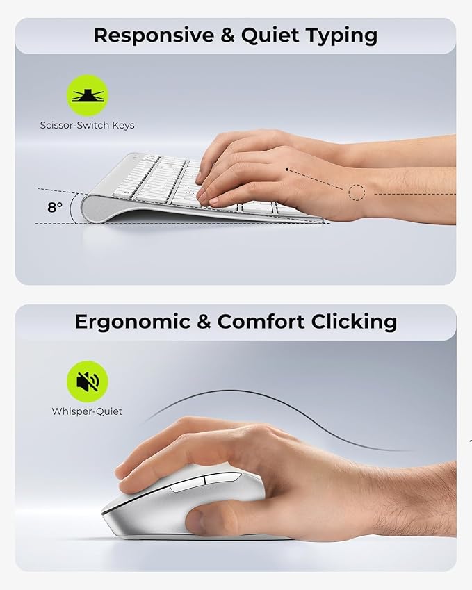seenda Wireless Bluetooth Keyboard and Mouse Combo, COE401 Rechargeable Slim Keyboard Mouse, 3 Multi-Device Connection, Compact Quiet Set Compatible for Mac/Windows Laptop MacBook iPad, White Silver