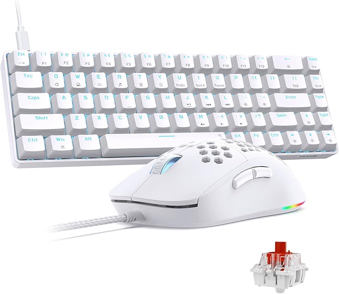 TMKB Falcon M1SE and T68SE，Gaming Mouse and 60% Mechanical Gaming Keyboard Combo, 12800DPI, RGB, Ergonomic with Red Switch-White