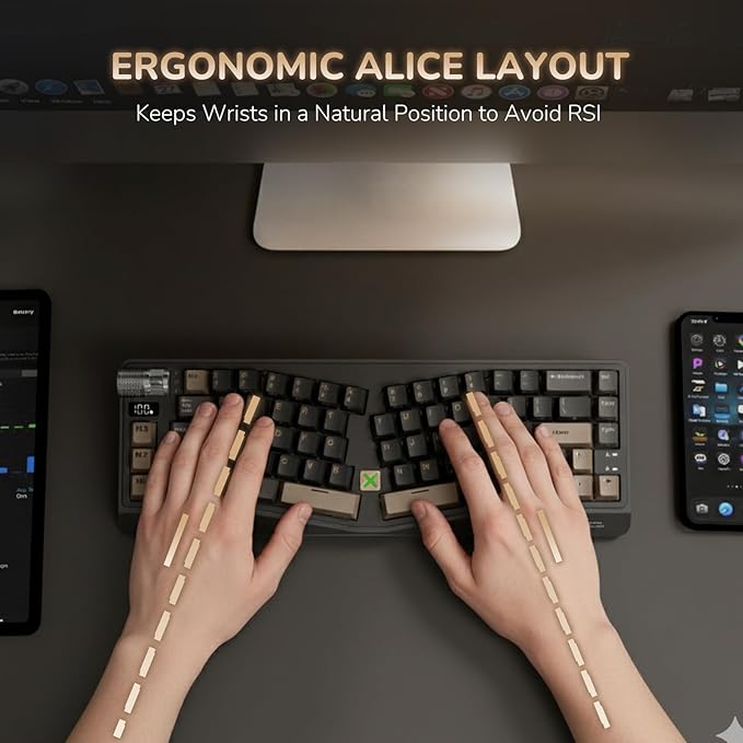 RK ROYAL KLUDGE A70 Wireless Ergonomic Keyboard, Alice Split Mechanical Keyboard w/Bluetooth/2.4GHz/Wired, 65% RGB Gaming Keyboards with Knob and PBT Keycap, Gasket Hot Swappable Linear Cream Switches