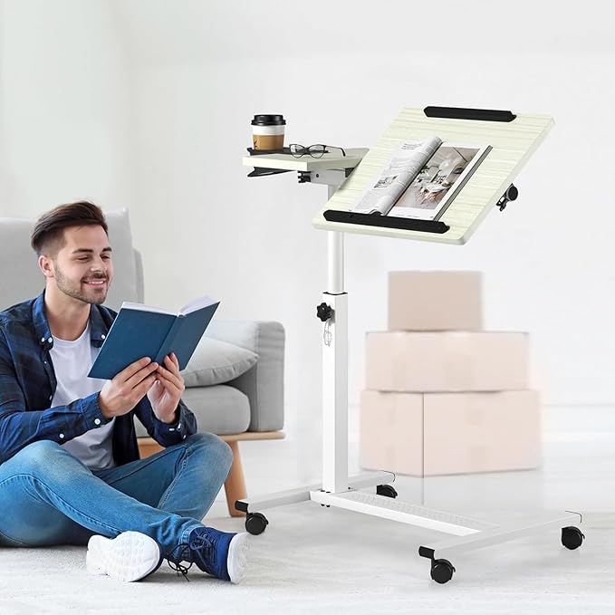 Panta Height Adjustable Rolling Laptop Stand, Overbed Table with 2 Tilting Desktops, Mobile Laptop Table for Couch with Cup Holder, Mobile Computer Workstation for Office, Home and Hospital,Maple
