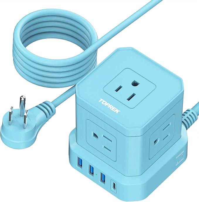 Power Strip with USB-C (3.0A), TOPREK Surge Protector (700J), TOPREK 10 FT Extension Cord with Flat Plug, 5 AC Outlets 4 USB, Desk Charging Station for Living Room, Nightstand, Office, Travel