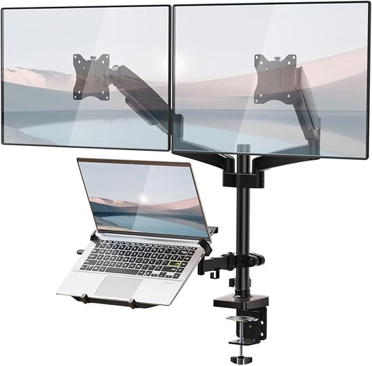 WALI Triple Arm Laptop and Dual Monitor Desk Mount for 17" Notebook and Up to 32" Screens, Adjustable Gas Spring Monitor Arms with Tilt Swivel Rotation, VESA 75x75 100x100, Black (GSDM003LP)