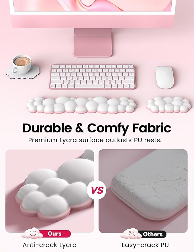 Vaydeer Cloud Keyboard Wrist Rest Set – Ergonomic Memory Foam Wrist Pad for Computer, Laptop & Gaming, Non-Slip Cute Desk Accessories for Office(Keyboard Rest + Mouse Rest + Coaster)