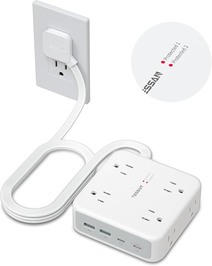 TESSAN Surge Protector Power Strip, 5 Ft Extension Cord Flat Wall Plug with 4 USB (2 USB C) 8 Outlets, 2100J Protection, 1875W 15A, 20W Multiple Desk Charging Station for Home, Office, Dorm Room
